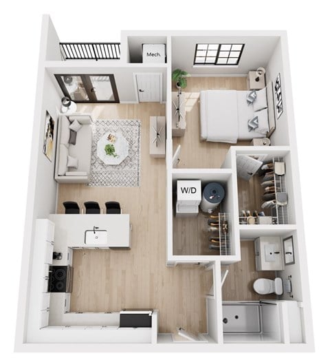 Floor plan for 1 bed, 1 bath, 626 sqft